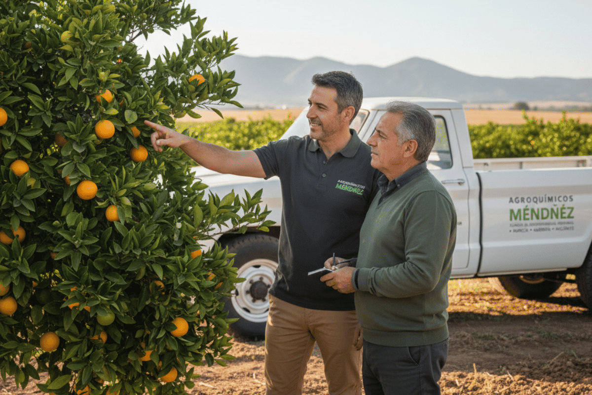 equipo técnico conversando de forma cercana con un agricultor en una explotación real.